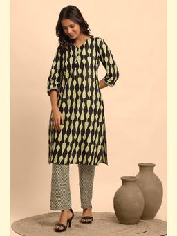 W - Black Print Cotton Kurta & Straight Pant for Women (Set of 2)