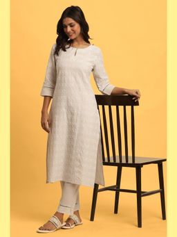 W - Beige Embroidered Cotton Kurta & Straight Pant for Women (Set of 2)