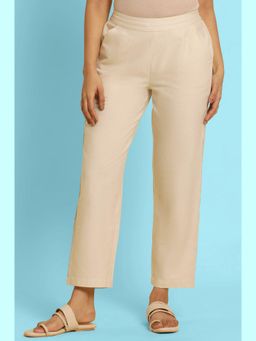 W - Straight Fit Off-White Cotton Straight Pant for Women