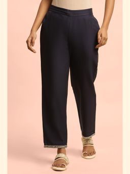 W - Regular Fit Blue Cotton Straight Pant for Women