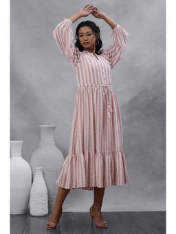 W - Women White Striped Print Chiffon Flared Dress