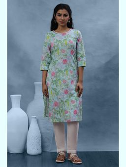 W - Women Blue Floral Print Cotton A-Line Kurta