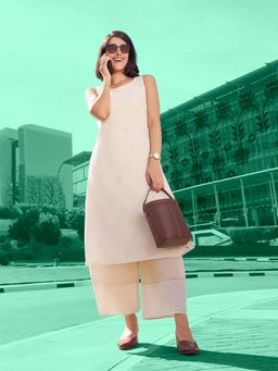 W - Women Beige Floral Print Cotton Kurta and Palazzo (Set of 2)