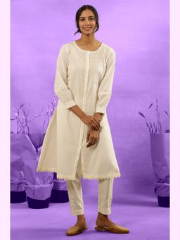 Folksong - Women White Embroidered Cotton Straight Kurta