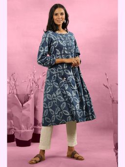 Folksong - Women Blue Printed Cotton Flared Kurta