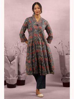Folksong - Women Blue Floral Print Cotton Flared Kurta