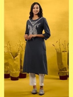 Folksong - Women Navy Blue Festive Embroidered Cotton Straight Kurta