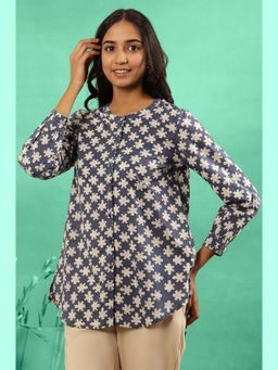 Folksong - Women Blue Printed Cotton Straight Top