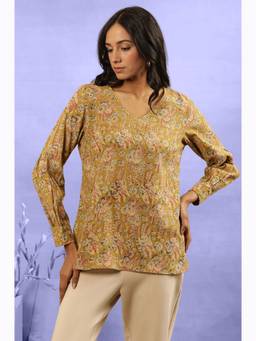 Folksong - Women Yellow Floral Print Cotton Top