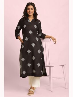 W - XXXWomen Black Floral Print Cotton A-Line Kurta