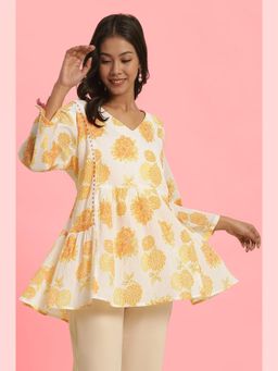 W - XXXWomen White Floral Print Cotton A-Line Top