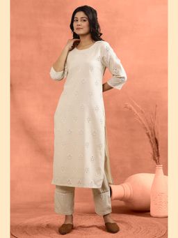 W - XXXWomen Beige Floral Print Cotton Kurta with Straight Pant (Set of 2)
