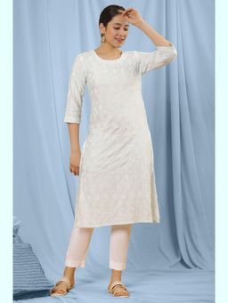 W - Blue Floral Print Rayon Straight Kurta