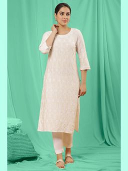 W - Off-White Floral Print Rayon Straight Kurta