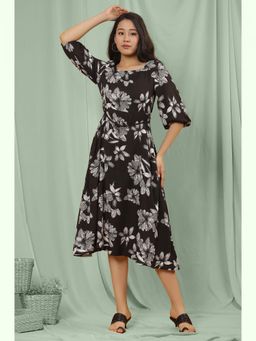 W - Black Floral Print Rayon A-Line Dress with Belt (Set of 2)