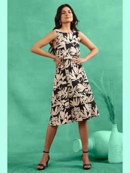 W - Black Abstract Print Cotton A-Line Dress