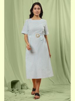 W - Green Striped Print Cotton Straight Dress with Belt (Set of 2)