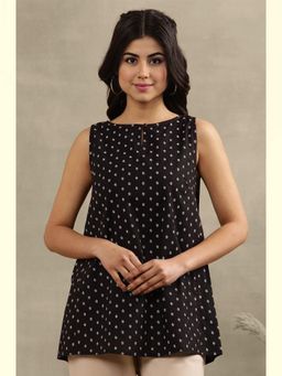 W - Black Floral Print Cotton Straight Top