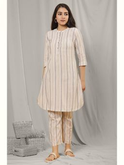 W - Beige Solid Cotton Straight Kurta with Pant (Set of 2)