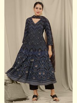W - Black Festive Printed Viscose Kurta with Pant & Dupatta (Set of 3)