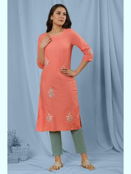 W - Orange Solid Viscose Ankle Kurta with Slim Pant (Set of 2)