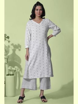 W - Women White Stripes Print Cotton A-Line Kurta