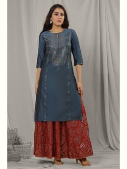 W - Women Blue Festive Geometric Print Viscose Kurta with Skirt (Set of 2)