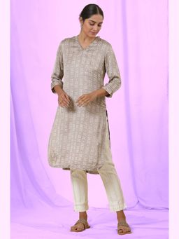 Folksong - Women Grey Festive Printed Viscose Straight Kurta