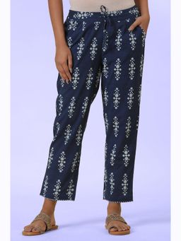 Folksong - Women Blue Printed Cotton Straight Pant