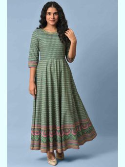 W - Leaf Green Glitter Printed Kalidar Dress