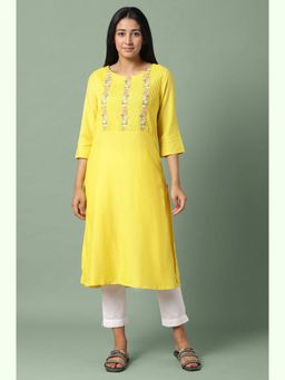 W - Yellow Embroidered Round Neck Viscose Kurta