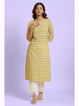 W - Yellow Floral Round Neck Cotton Kurta