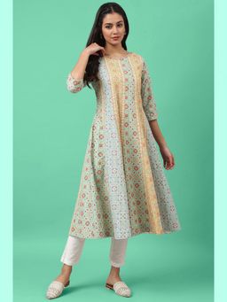 W - Multi-Color Printed Round Neck Cotton Kurta