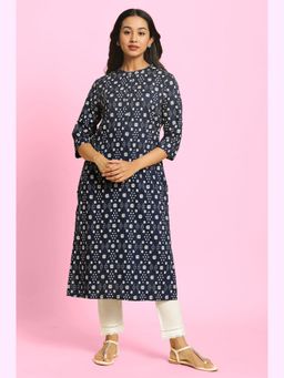 W - Navy Blue Printed Mandarin Neck Rayon Kurta
