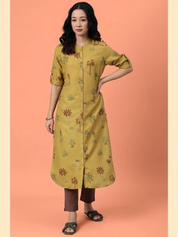 W - Yellow Floral Mandarin Neck Viscose Kurta