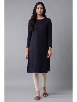 W - Navy Blue Solid Round Neck Polyester Winter Kurta