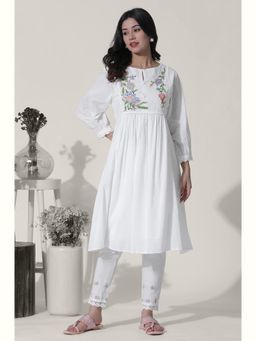 W - White Swiss Dot Embroidered Kurta Dress With Slim Pants (Set of 2)
