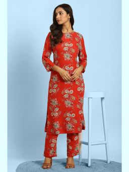 W - Red Floral Printed Straight Kurta & Straight Pants Co-Ord (Set of 2)