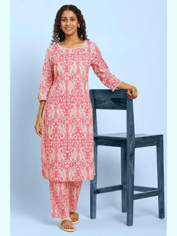 W - Pink Printed Straight Kurta & Pants Co-Ord (Set of 2)