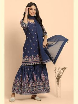 W - Blue Floral Printed Kurta, Sharara & Dupatta (Set of 3)