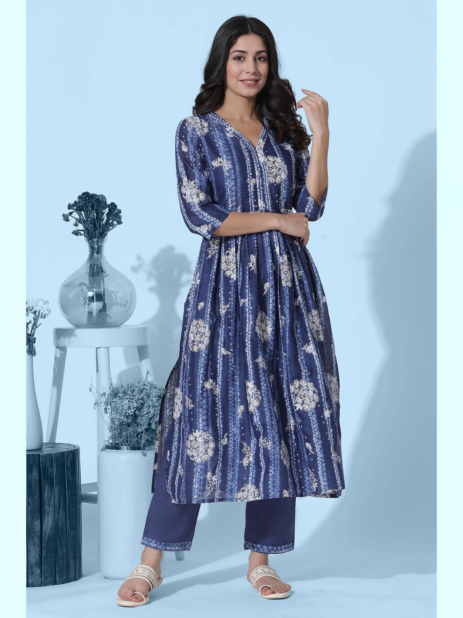 Buy W Deep Blue Gathered Tie-Dye Floral Printed Kurta P-ith Pant