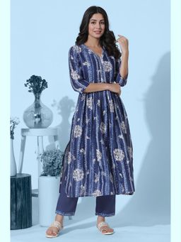 W - Deep Blue Gathered Tie-Dye Floral Printed Kurta With Pant (Set of 2)