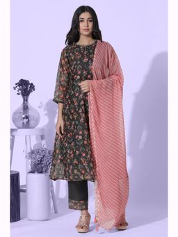 W - Dark Brown Panelled Printed Kota Kurta, Pants & Dupatta (Set of 3)