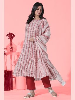 W - White & Red Printed Flared Kurta, Cotton Pants With Dupatta (Set of 3)