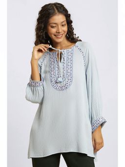 W - Powder Blue Top with Embroidered Yoke
