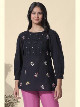 W - Black Embroidered Cotton Top with Schiffli Yoke