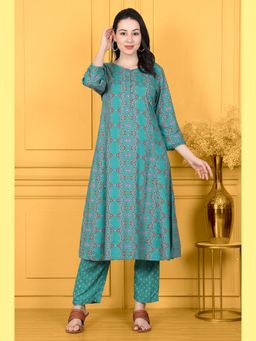 W - Blue Floral Printed Flared Rayon Kurta and Pant (Set of 2)