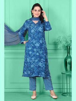 W - Blue V-Neck Rayon Flax Straight Kurta with Pants and Dupatta (Set of 3)