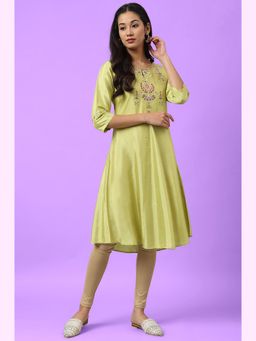 W - Green Embroidered A-line Kurta