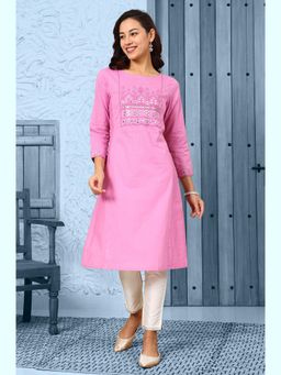 W - Pink Mirror Work Pure Cotton Straight Kurta